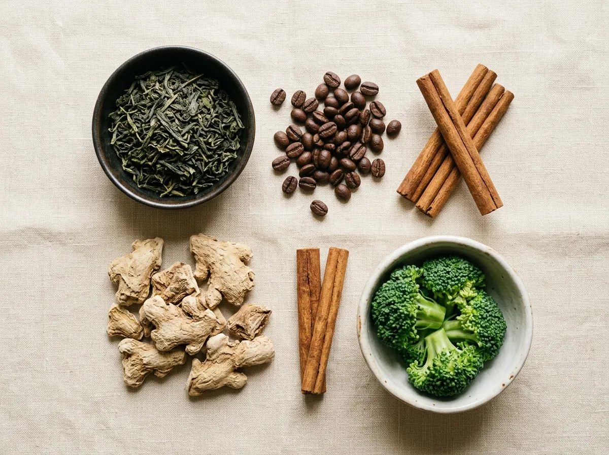 Flat-lay of botanical ingredients: green tea leaves, coffee beans, ginger root, cinnamon sticks for plant extract supplement